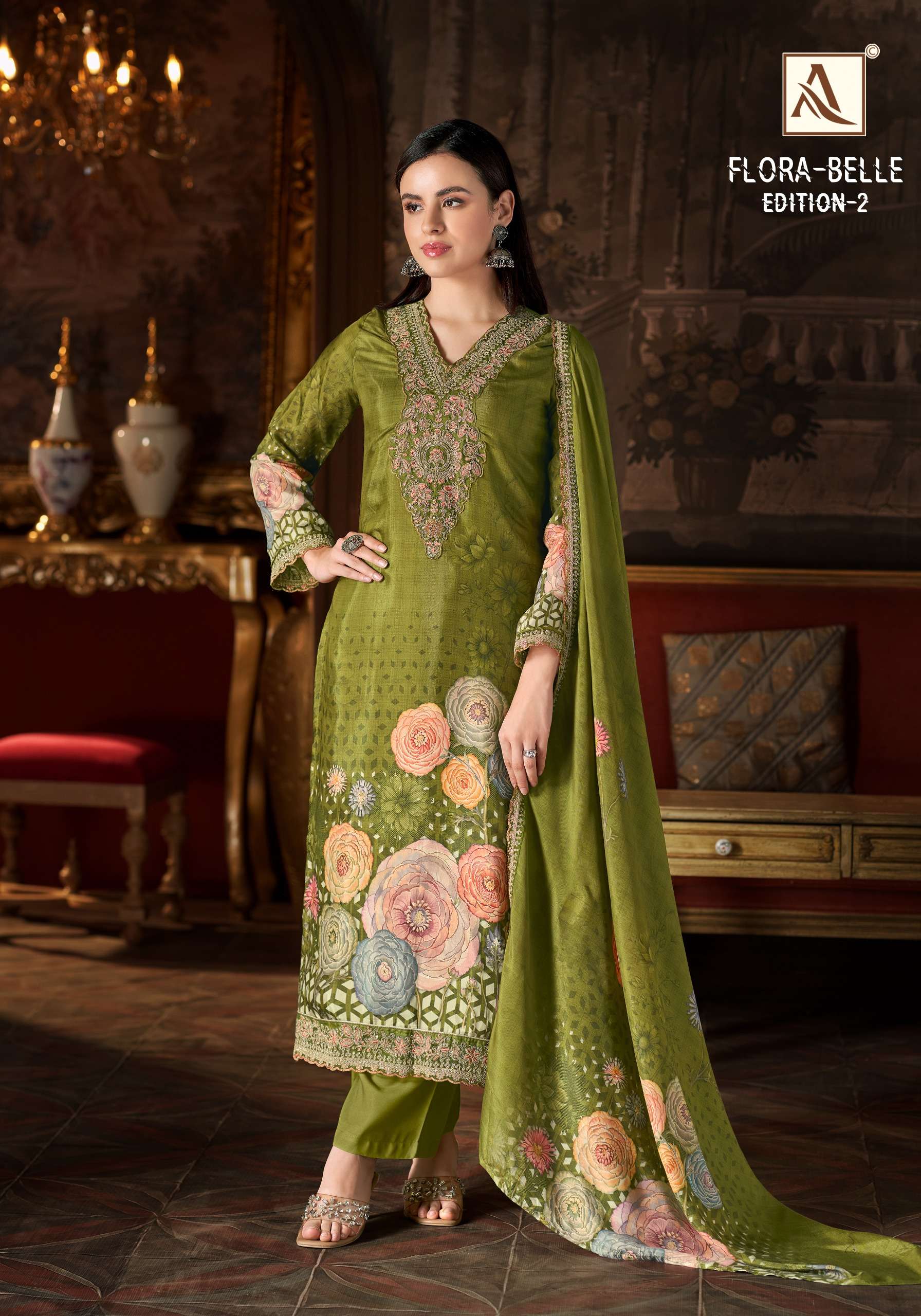 ALOK SUIT FLORA BELLE VOL 2 MASLIN DIGITAL NECK & DAMAN DRESS CATALOGUE SUPPLIER